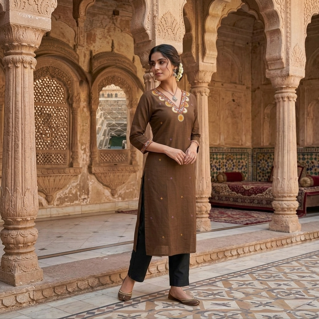 Kurti Long Cotton Slub Work SKU - CAC-KL-CSW-B-1084