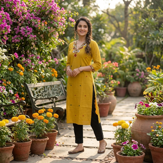 Kurti Long Cotton Slub Work SKU - CAC-KL-CSW-Y-1084