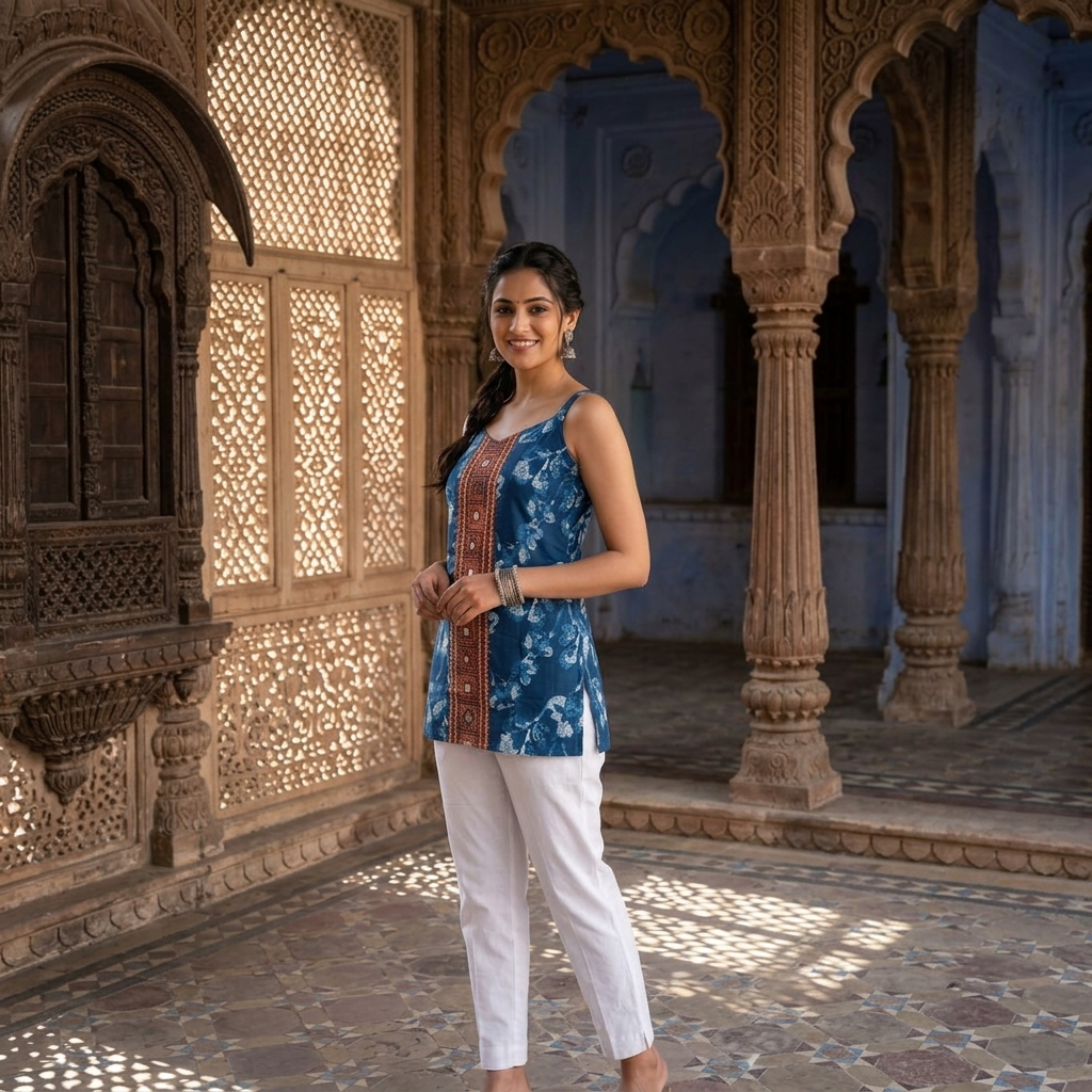 Blue Printed Spaghetti Strap Short Kurti for Women CAC-KS-SB-171
