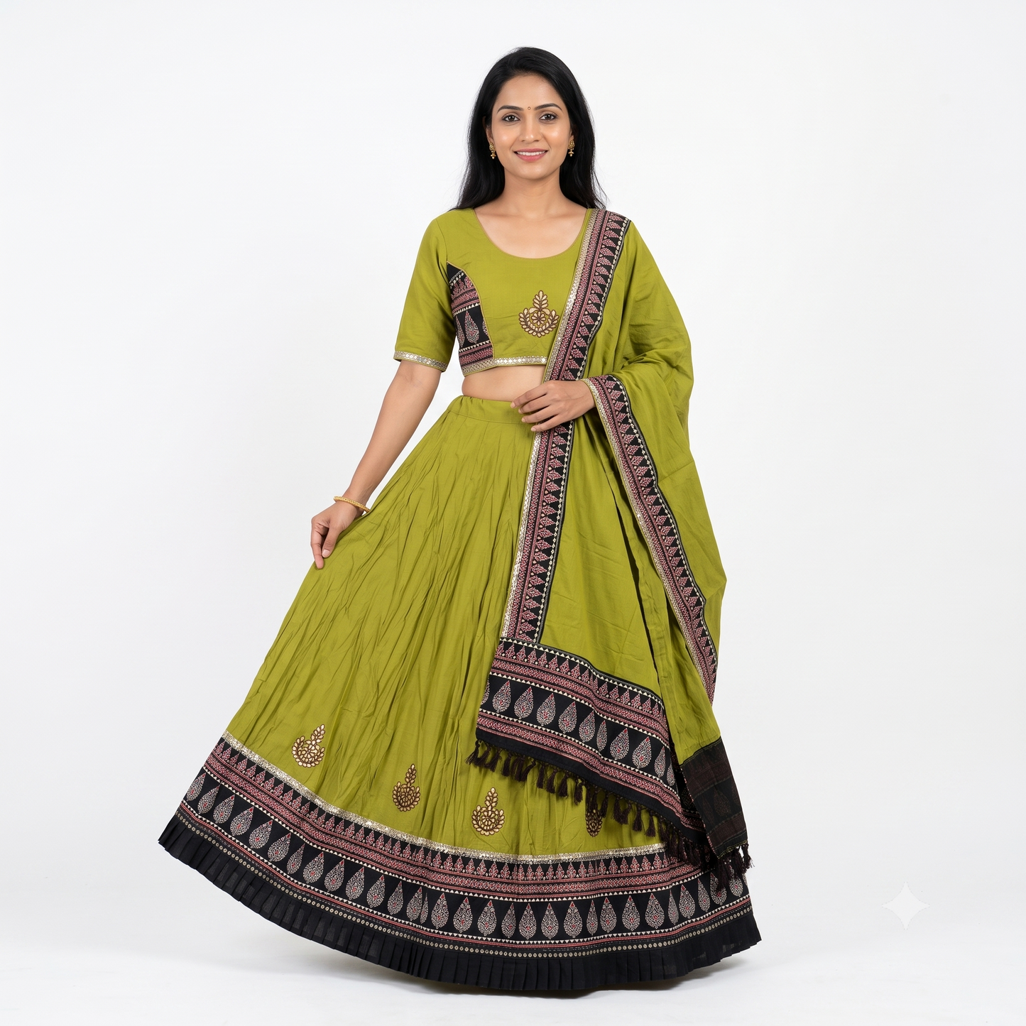 Olive Green Ajrakh Gota Patti Chaniya Choli with Printed Dupatta SKU CAC-CC-AGP-OG-2-1
