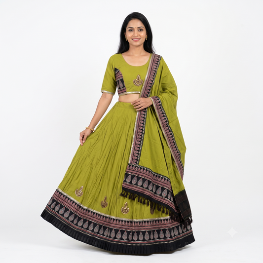 Olive Green Ajrakh Gota Patti Chaniya Choli with Printed Dupatta SKU CAC-CC-AGP-OG-2-1