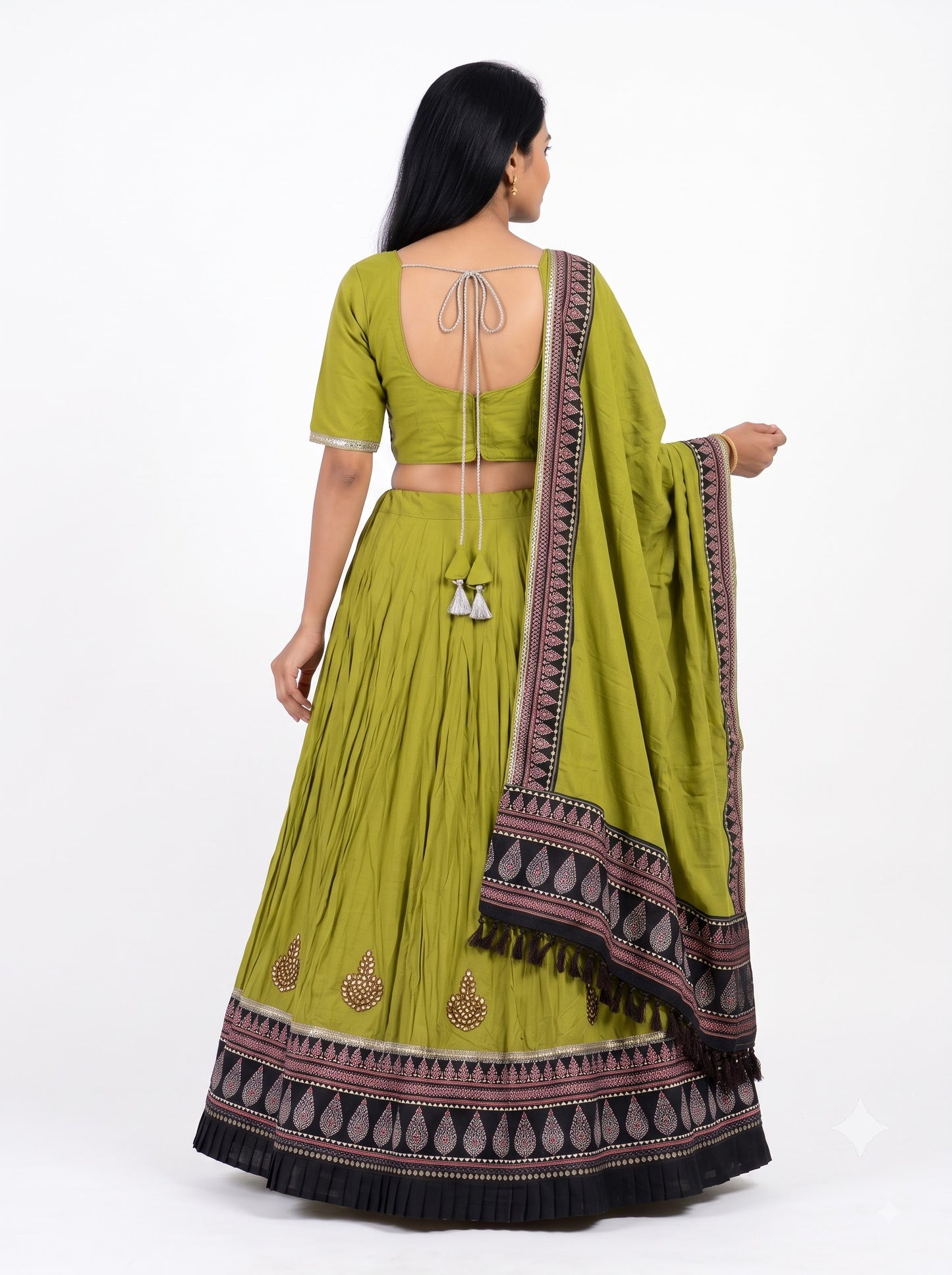 Olive Green Ajrakh Gota Patti Chaniya Choli with Printed Dupatta SKU CAC-CC-AGP-OG-2-1