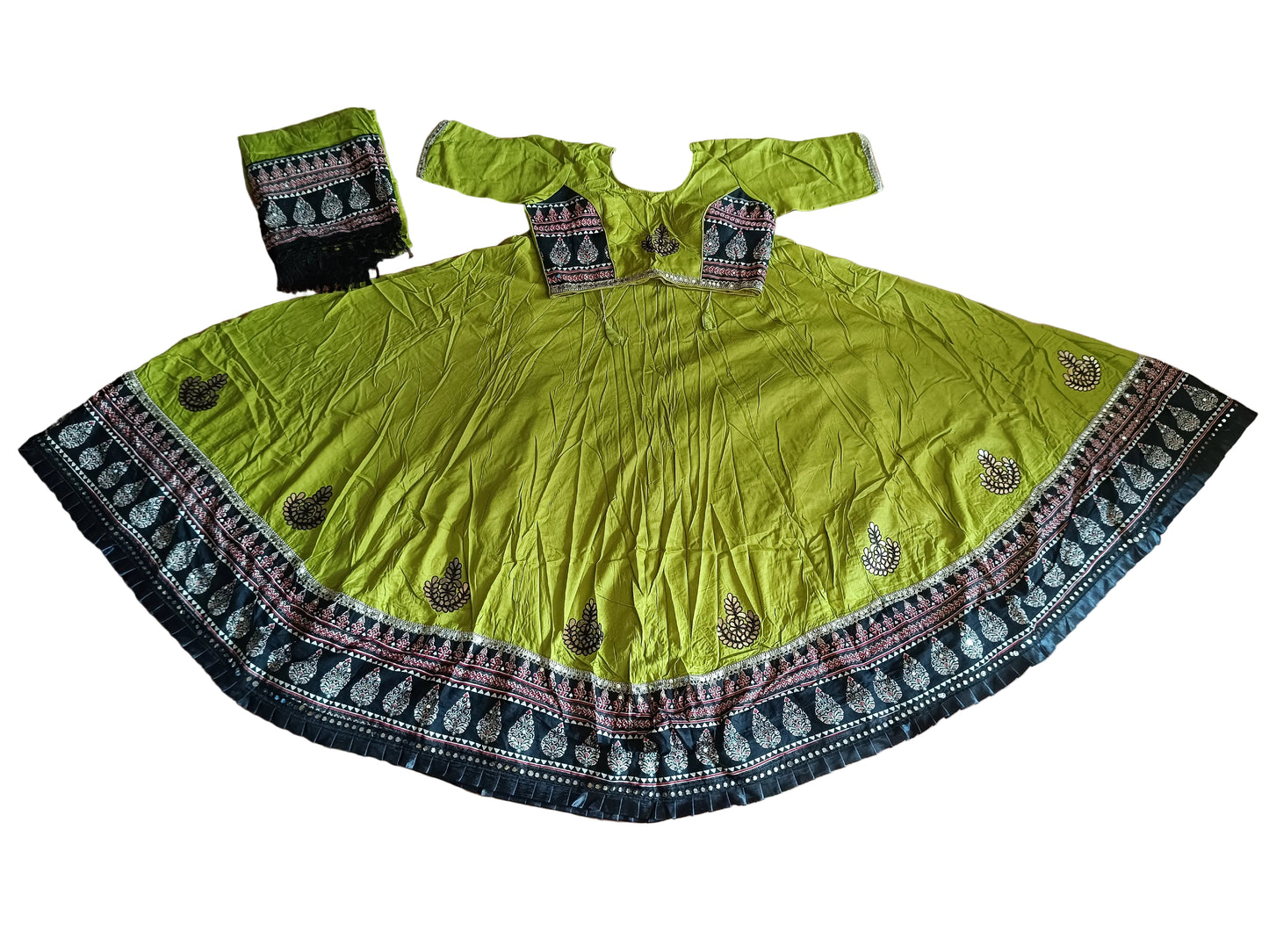 Olive Green Ajrakh Gota Patti Chaniya Choli with Printed Dupatta SKU CAC-CC-AGP-OG-2-1