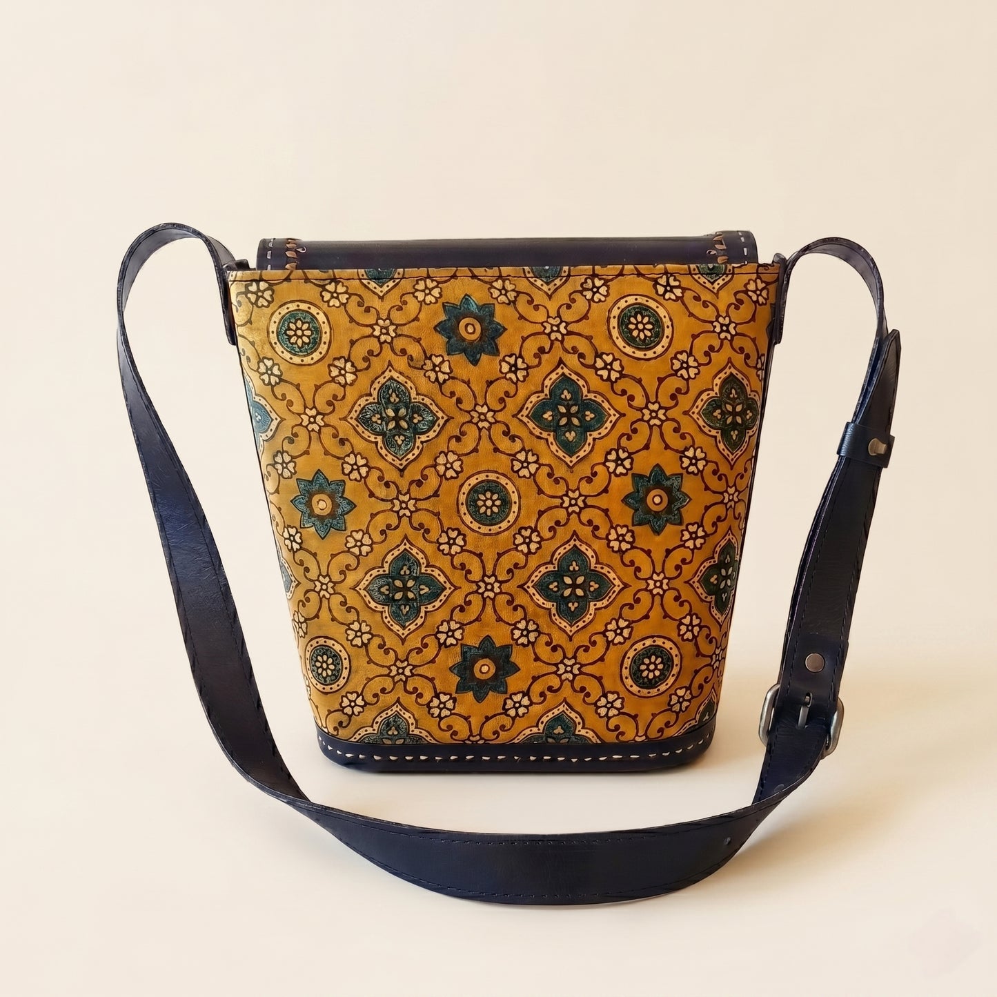 Ajrakh Ember Leather Sling Bag Yellow SKU - CAC-ALSB-Y1