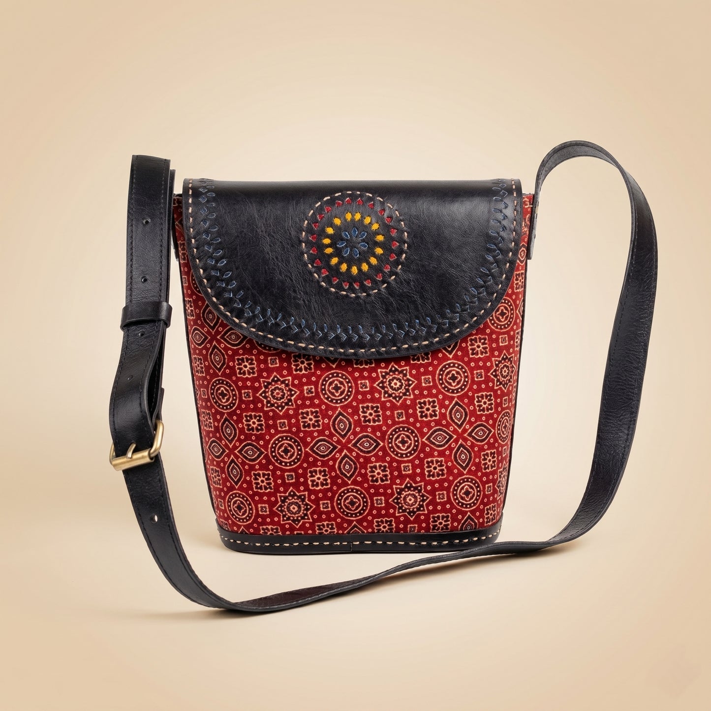 Ajrakh Ember Leather Sling Bag Red SKU CAC-ALSB-R1