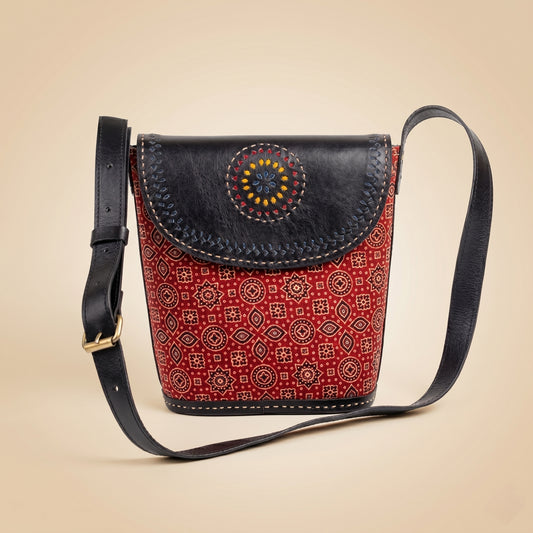 Ajrakh Ember Leather Sling Bag Red SKU CAC-ALSB-R1