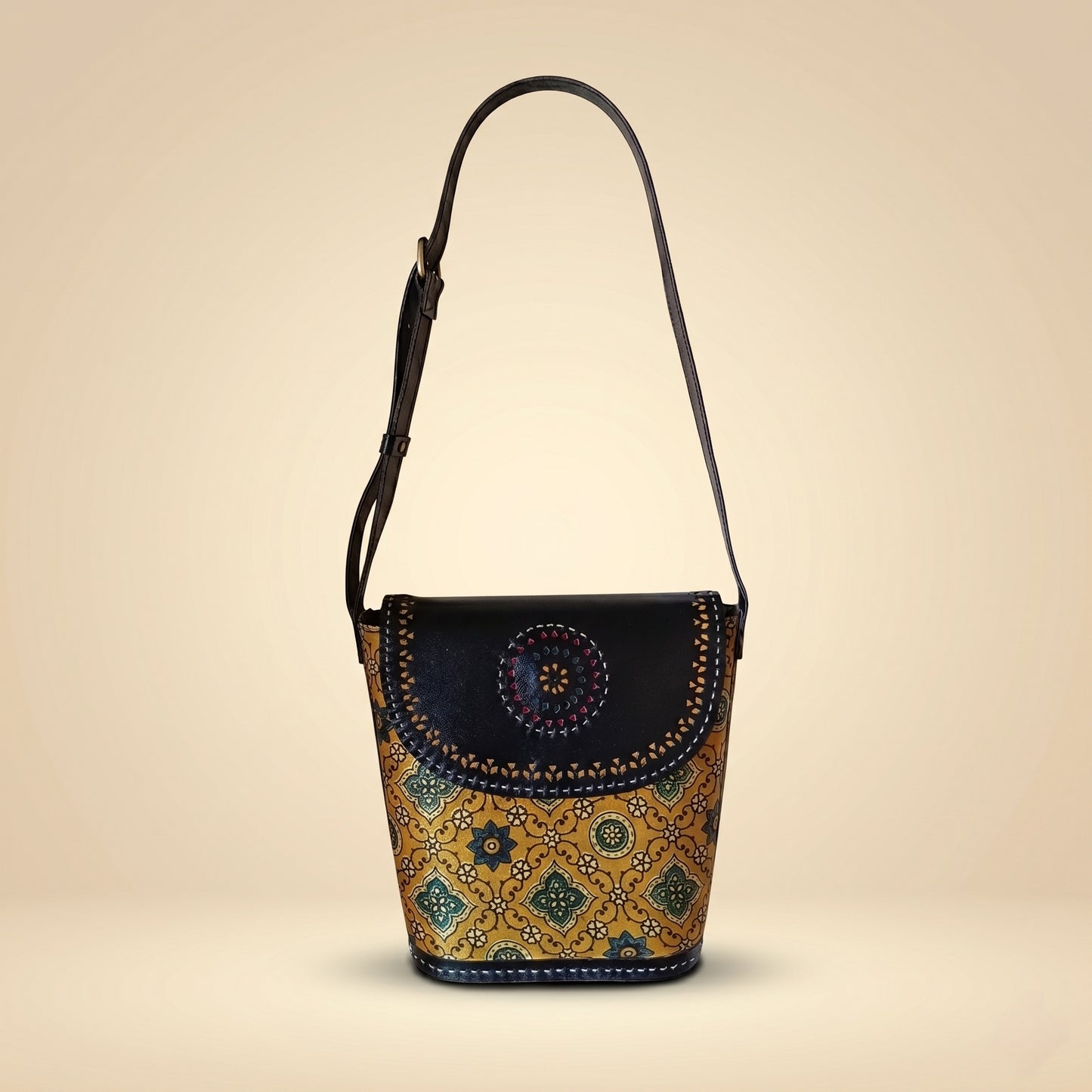 Ajrakh Ember Leather Sling Bag Yellow SKU - CAC-ALSB-Y1