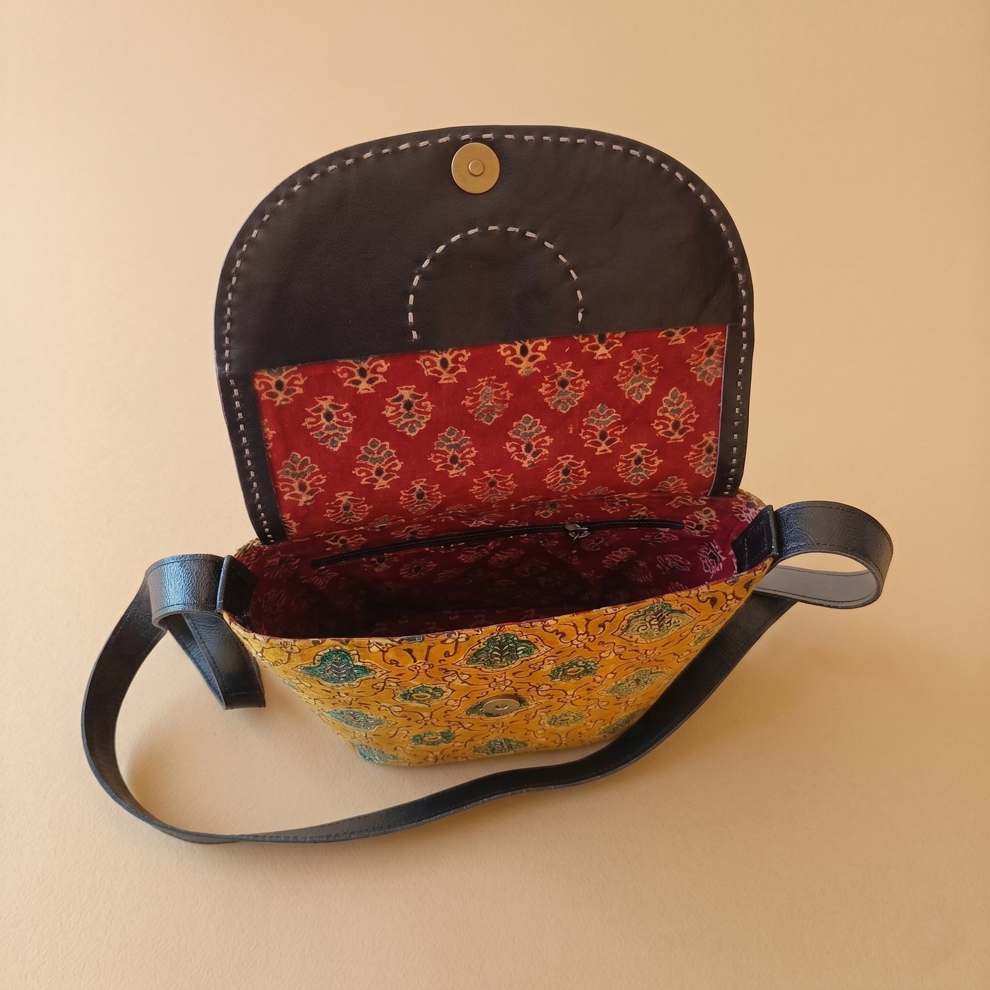 Ajrakh Ember Leather Sling Bag Yellow SKU - CAC-ALSB-Y1