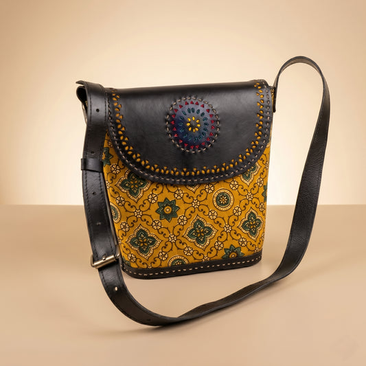 Ajrakh Ember Leather Sling Bag Yellow SKU - CAC-ALSB-Y1