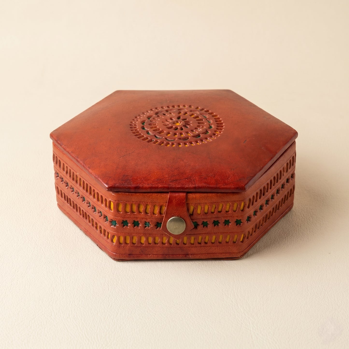 Handcrafted Hexagon Jewellery Box Leather With Mirror Ajrakh SKU - CAC-L-JB-1
