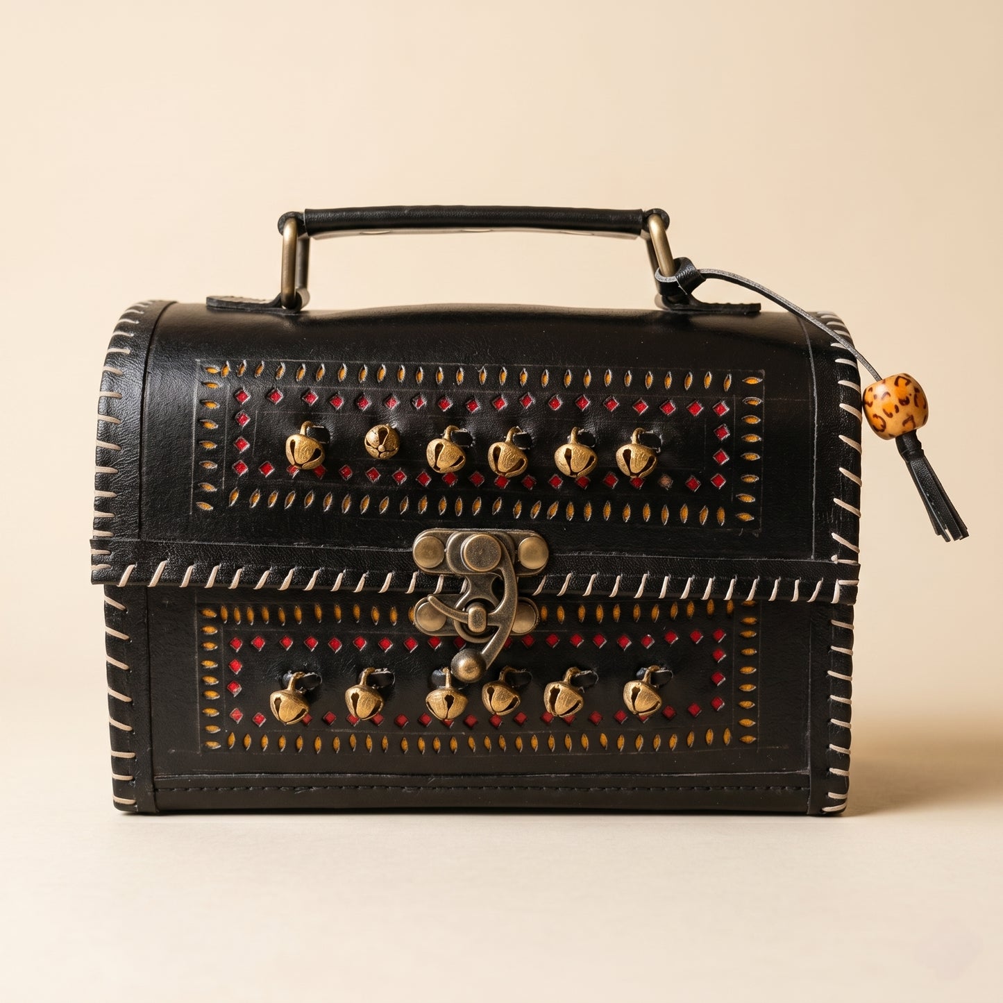 Handcrafted Black Leather Bag Ghunghroo With Yellow & Red Punch (19CM) SKU - CAC-LB-GYR-1