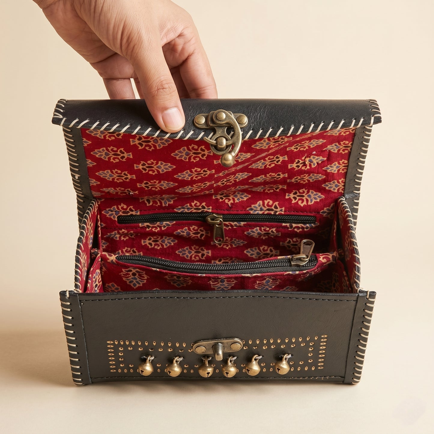 Handcrafted Black Leather Bag Ghunghroo With Yellow & Red Punch (19CM) SKU - CAC-LB-GYR-1