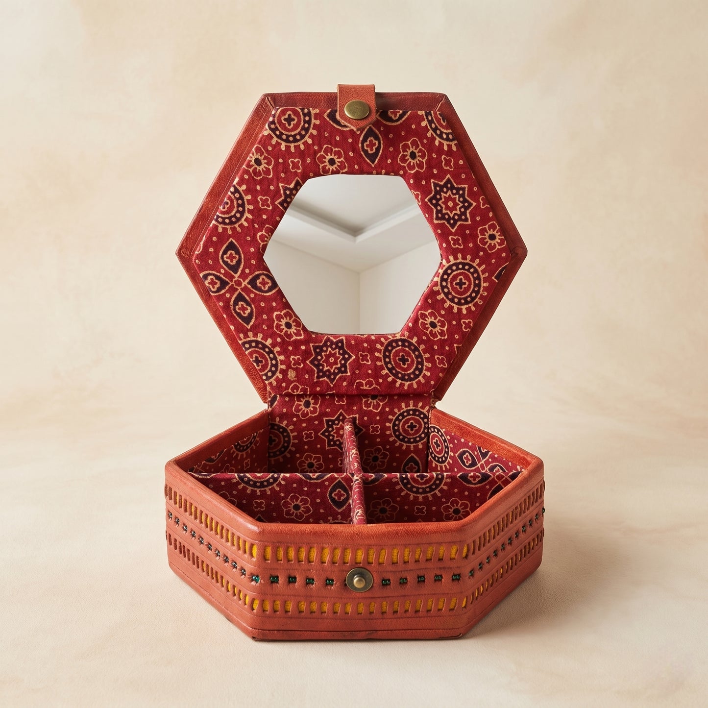 Handcrafted Hexagon Jewellery Box Leather With Mirror Ajrakh SKU - CAC-L-JB-1