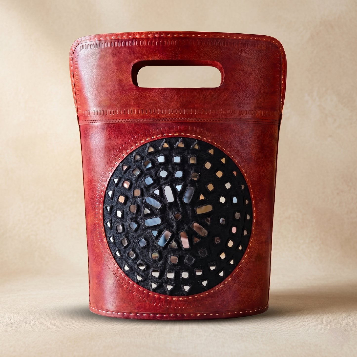 Women’s Handcrafted Leather Mirrorwork Handbag – Punch Work Design SKU -  CAC-LB-A1