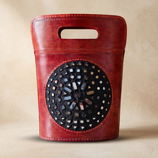 Women’s Handcrafted Leather Mirrorwork Handbag – Punch Work Design SKU -  CAC-LB-A1