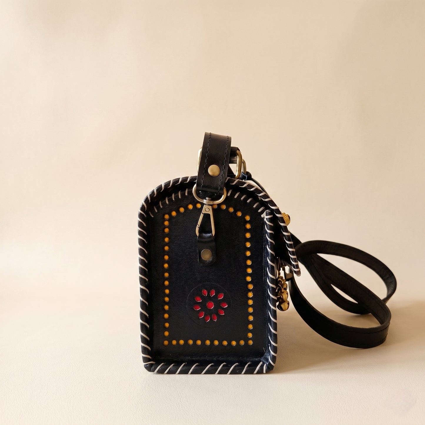 Handcrafted Black Leather Bag Ghunghroo With Yellow & Red Punch (19CM) SKU - CAC-LB-GYR-1