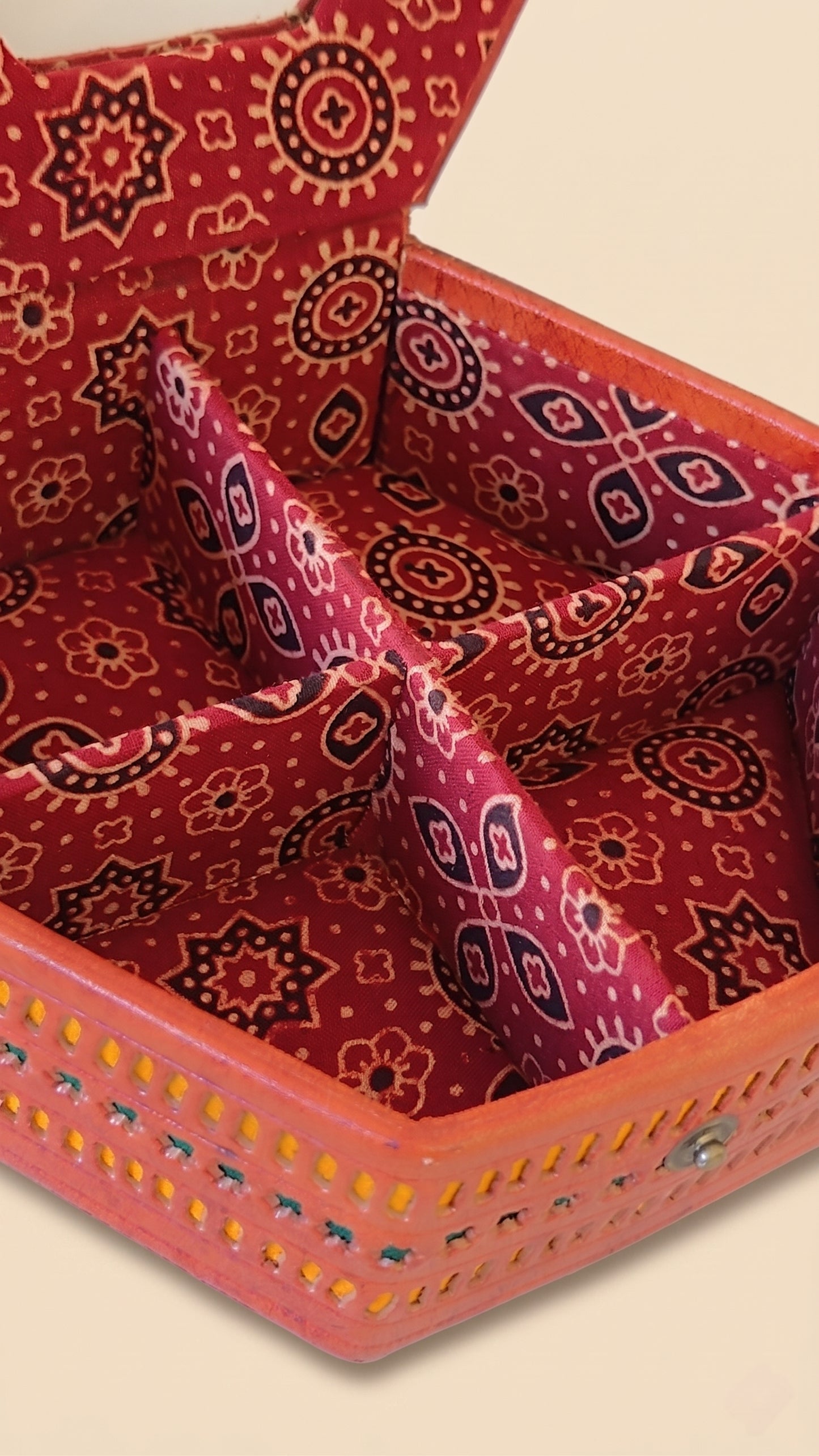 Handcrafted Hexagon Jewellery Box Leather With Mirror Ajrakh SKU - CAC-L-JB-1